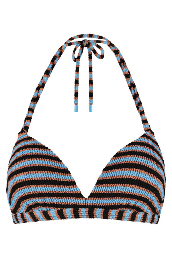beachlife blue ribbed stripe halter bikini top cutout